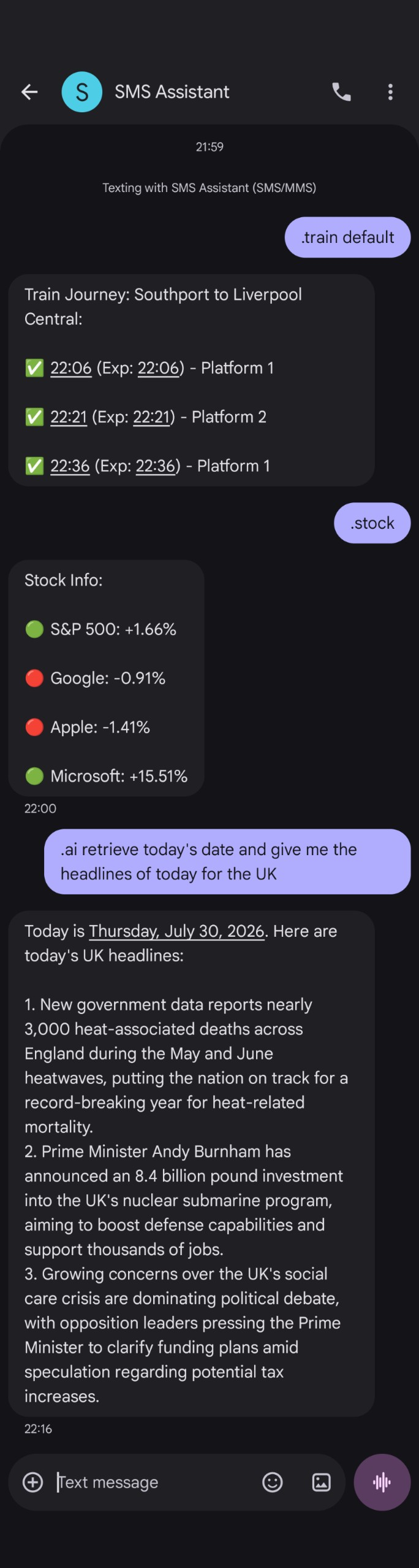 SMS conversation showing the assistant returning train times, stock-market changes and an AI-generated response